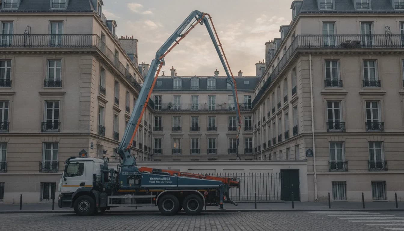 Camion toupie dans une rue étroite avec cônes et panneau d'interdiction de stationner, tuyau de pompe vers un immeuble