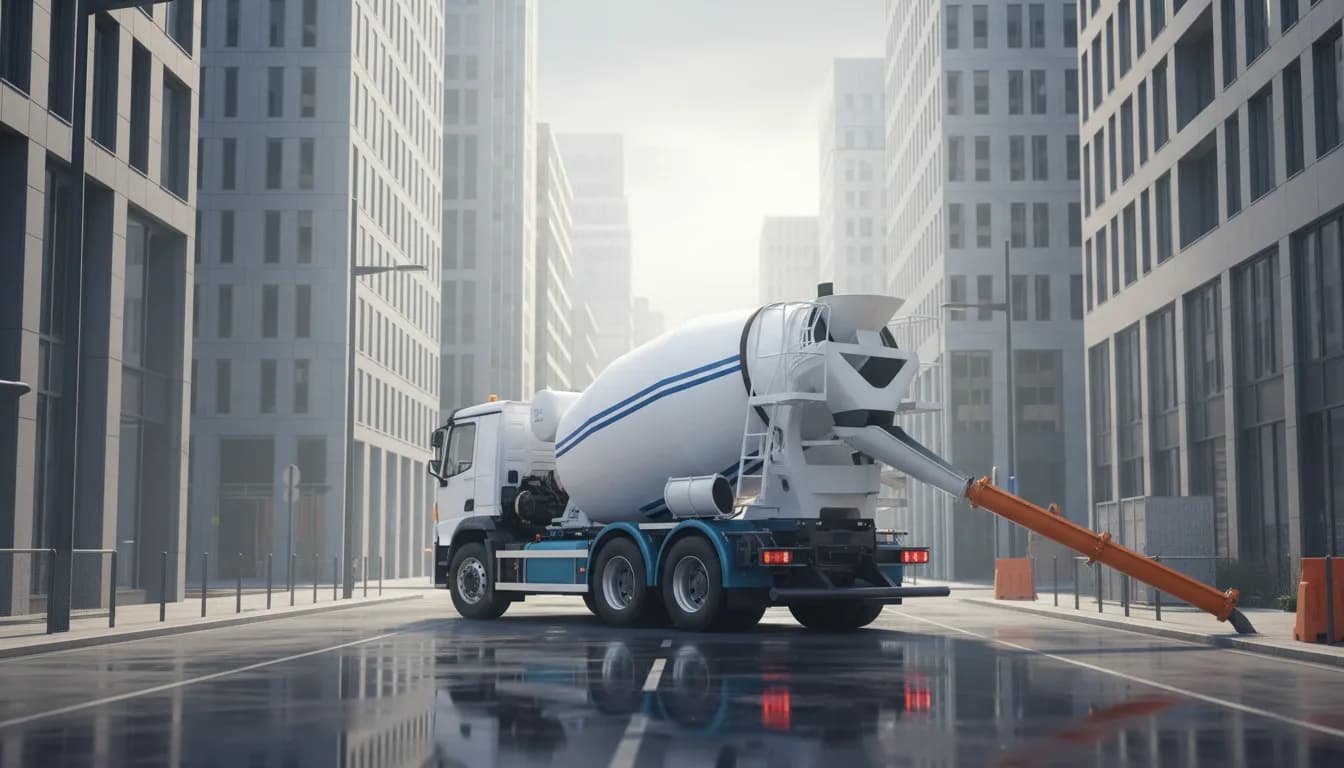 Camion toupie électrique moderne livrant du béton dans une rue urbaine au petit matin