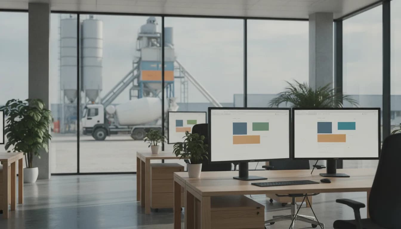 Bureau d'agence web donnant sur une centrale à béton et son camion toupie