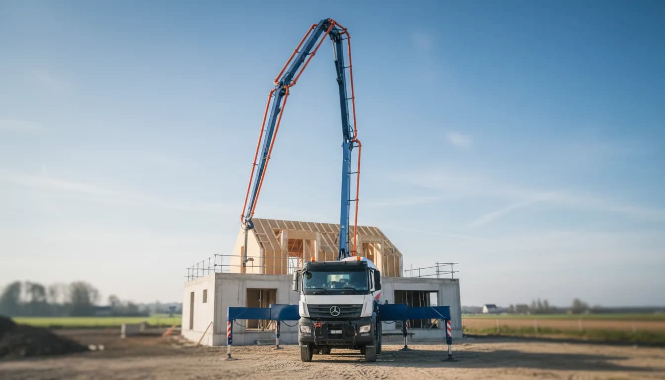 Mixopompe avec flèche déployée au-dessus d'une maison en construction