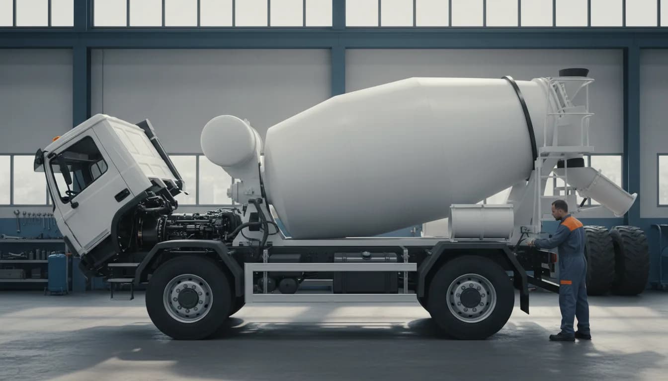Camion toupie en atelier de maintenance