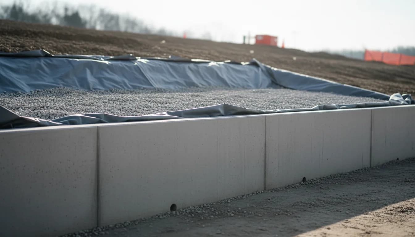 Mur de soutènement en blocs à bancher en cours de remplissage, drain en pied de mur