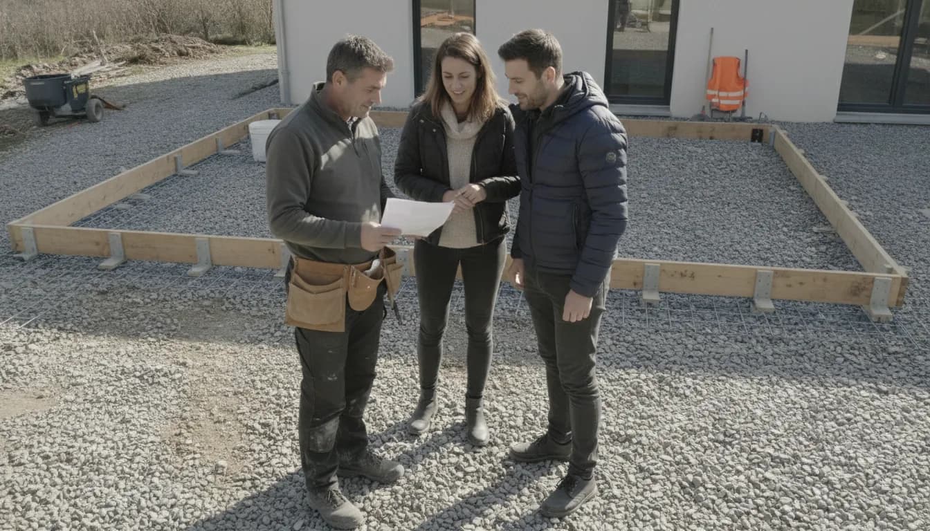 Dalle de béton fraîchement talochée devant une maison individuelle