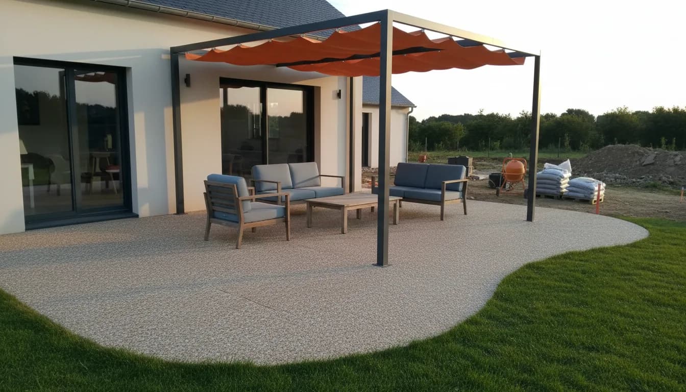 Terrasse en béton balayé fraîchement coulée derrière une maison contemporaine