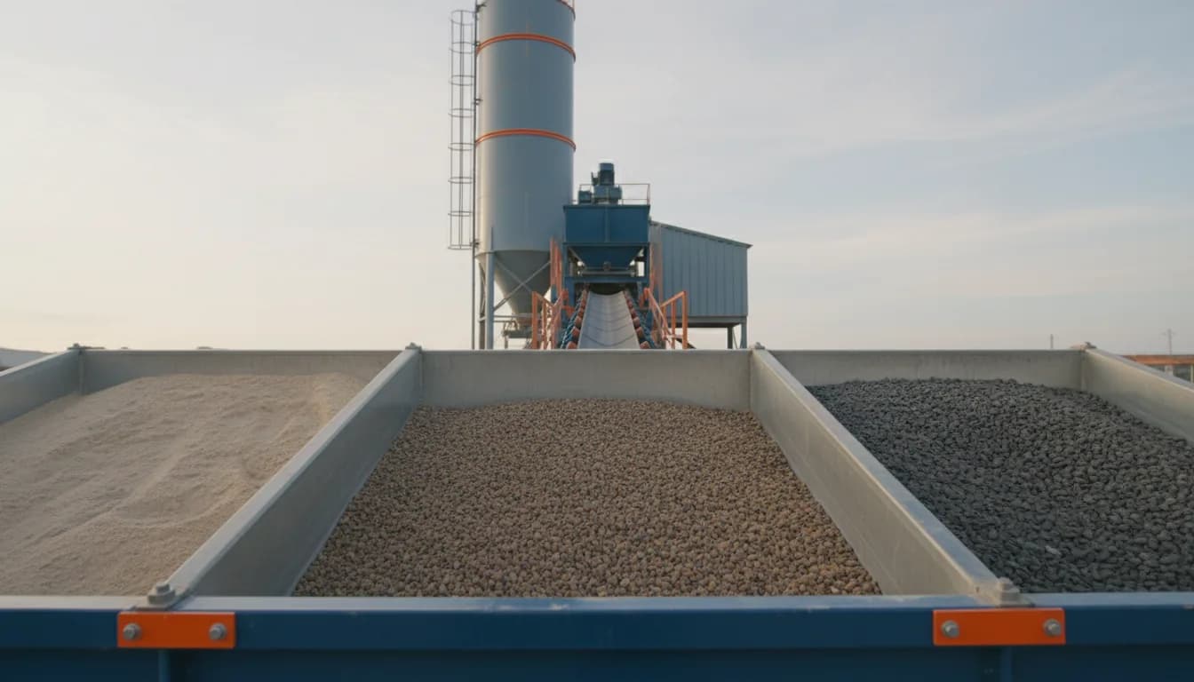 Trémies d'une centrale à béton : sable, gravillons et graviers stockés séparément avant dosage, silo à ciment en arrière-plan