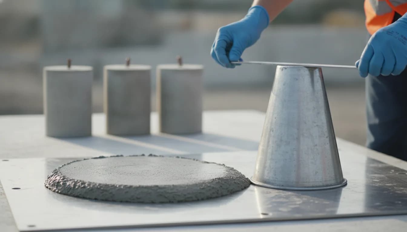 Essai d'affaissement au cône d'Abrams sur chantier, avec éprouvettes cylindriques de contrôle en arrière-plan