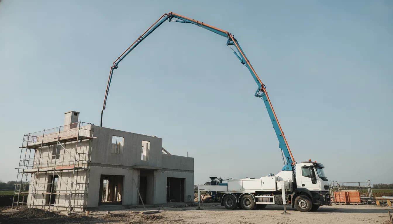 Camion-pompe à béton avec flèche déployée acheminant le béton sur un chantier