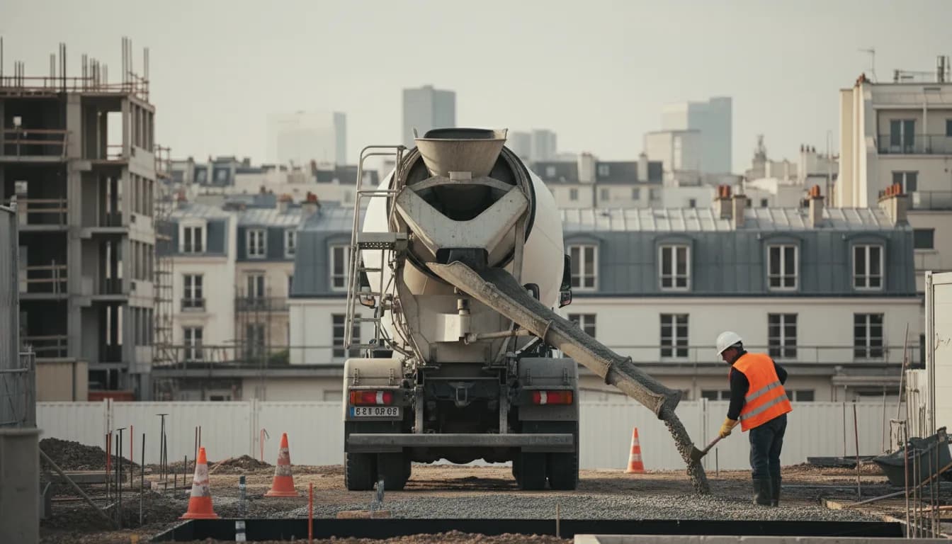 Camion toupie livrant du béton prêt à l'emploi à Paris